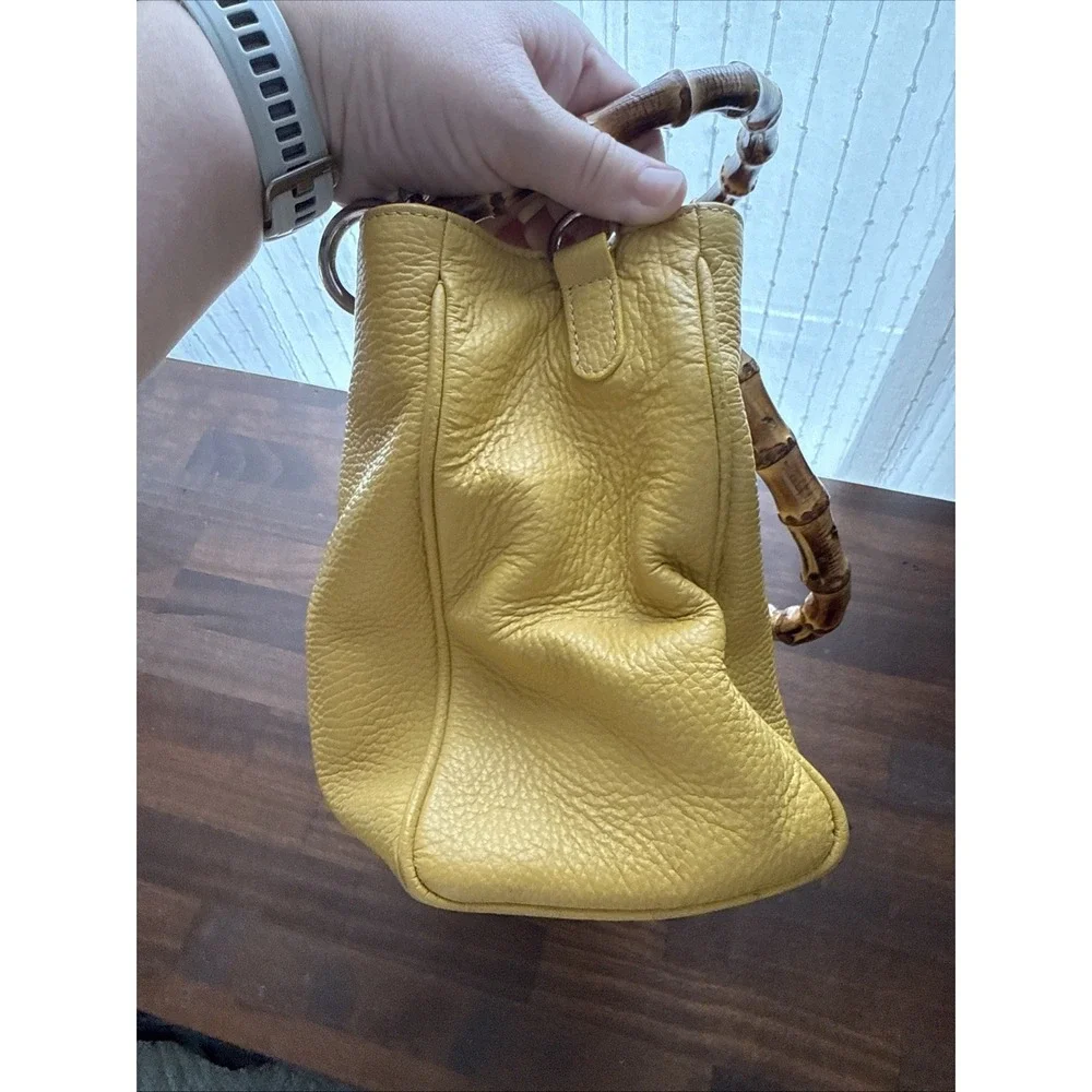 Una Alla Volta Italy Yellow Pebbled Leather Bamboo Handles Handbag Purse